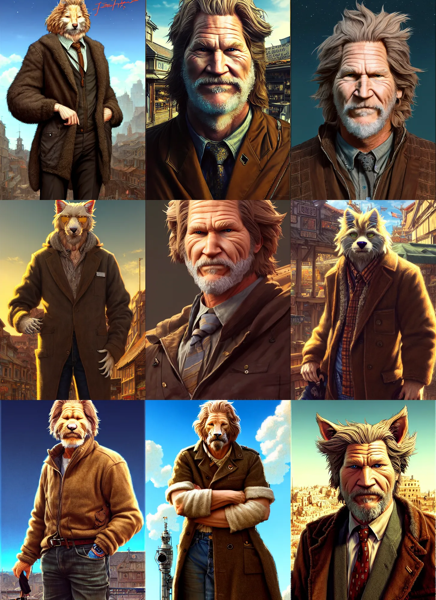 Prompt: full body character fursona portrait of jeff bridges with gorgeous detailed eyes in the marketplace in the sky, color page, tankoban, 4 k, tone mapping, doll, akihiko yoshida, james jean andrei riabovitchev marc simonetti, yoshitaka amano, h. hydrochaeris