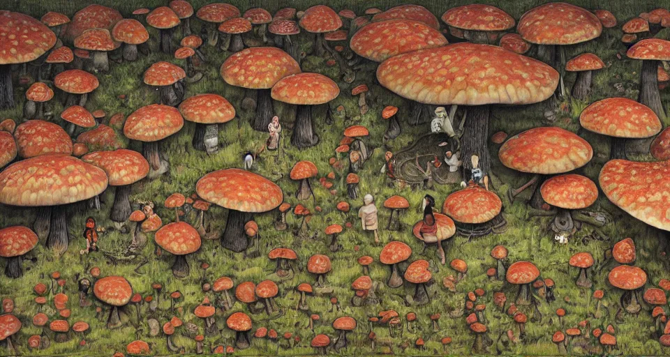 Prompt: A tribal village in a forest of giant mushrooms, by Dan Witz