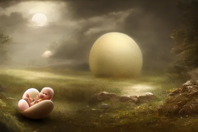 Image similar to a baby unicorn emerging out of an egg, matte painting, concept art, digital art, trending on artstation, 4 k, extremely detailed, realistic, fantasy art,