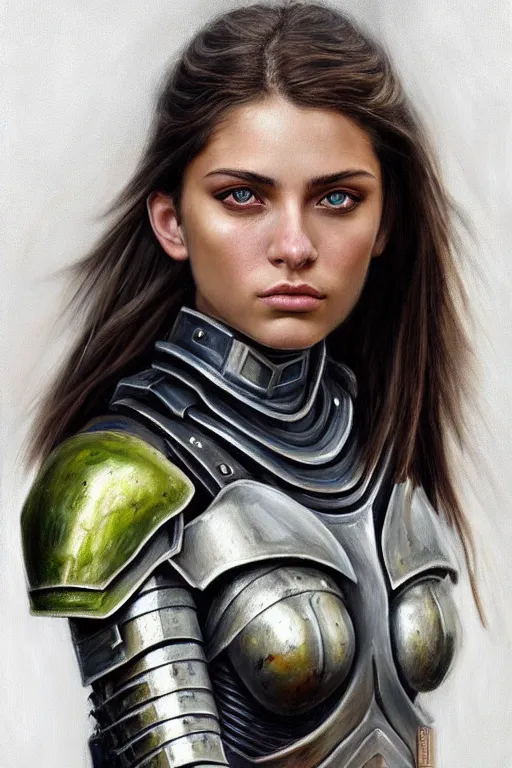 Image similar to a sharply detailed, photorealistically painted portrait of an attractive young female, partially clothed in sci-fi battle armor, with an abstractly painted background, flawless olive skin, fair complexion, long dark hair, beautiful bone structure, perfectly symmetric facial features, perfect photorealistic eyes, natural physique, intricate, elegant, digital painting, concept art, finely detailed, beautifully illustrated, sharp focus, minimal artifacts, volumetric lighting, from Halo, by Ruan Jia and Mandy Jurgens and Artgerm and William-Adolphe Bouguerea, in the style of Greg Rutkowski, trending on Artstation, award winning art