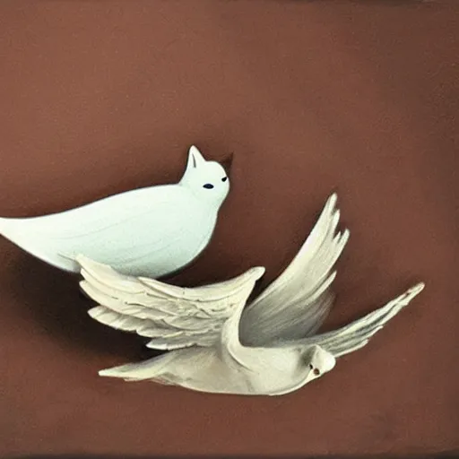 Image similar to cat playing with the dove of peace, photorealistic, detailed