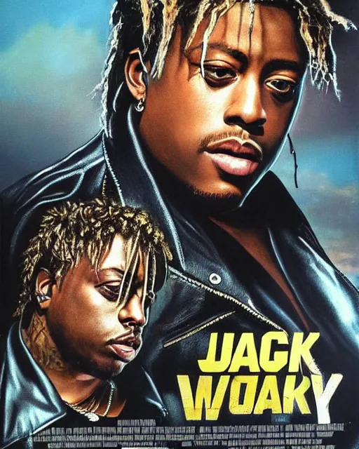 Image similar to juice wrld in black leather jacket mad max post apocalpytic, airbrush, drew struzan illustration art, key art, movie poster