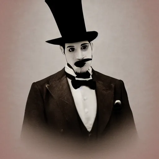 Image similar to portrait of iron man wearing a top hat and a monocle, old style photo, focused, realistic, film grain, muted background