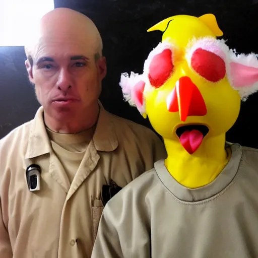 Image similar to inmate with chicken face and chicken head