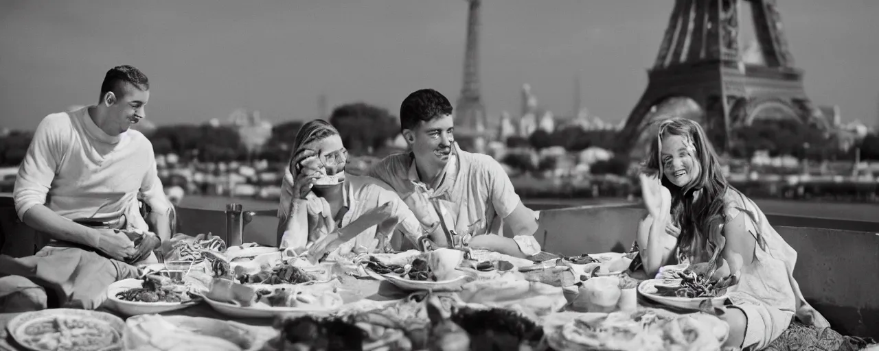 Image similar to young couple enjoying a spaghetti picnic in front of the eiffel tower, high detail, canon 5 0 mm, cinematic lighting, photography, retro, film, kodachrome