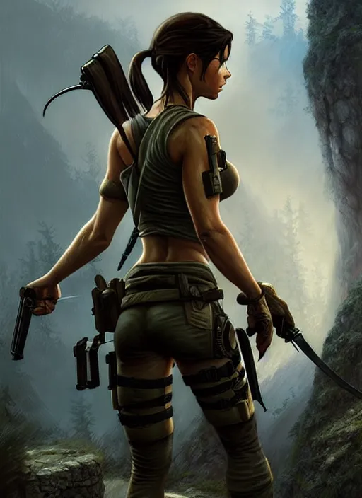 Image similar to lara croft and colin farrell as combat specialists, fantasy magic, light night, intricate, elegant, sharp focus, illustration, highly detailed, digital painting, concept art, matte, art by wlop and artgerm and ivan shishkin and andrey shishkin, masterpiece