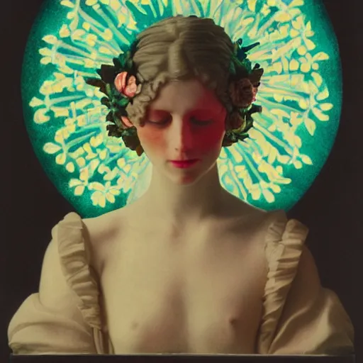 Image similar to flowers exploding in her face, film still by wes anderson, depicted by canova, limited color palette, very intricate, art nouveau, highly detailed, lights by hopper, soft pastel colors, minimalist