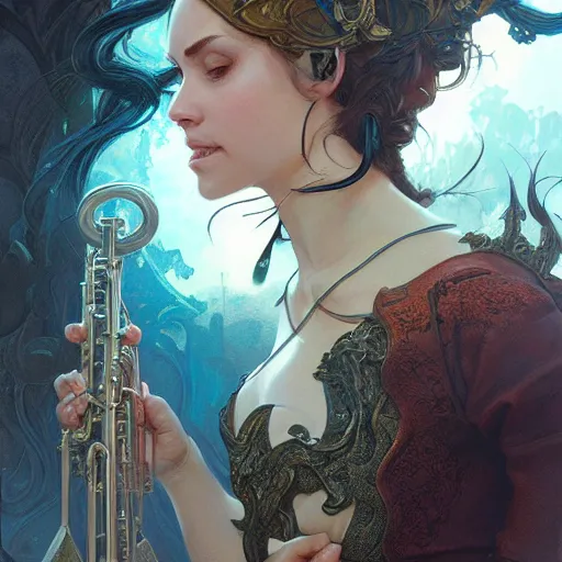 Image similar to a strange blowing horn, d & d, fantasy, intricate, elegant, highly detailed, digital painting, artstation, concept art, smooth, sharp focus, illustration, art by artgerm and greg rutkowski and alphonse mucha