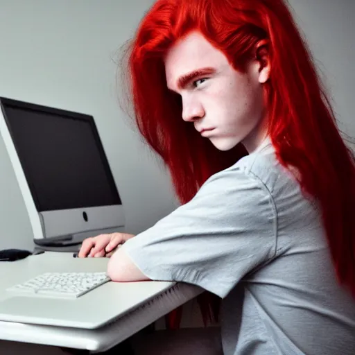 Prompt: a teenage boy red-haired long-haired, sitting at a desk with a computer, in a white room, Charlie Bowater, 8k, sharp focus