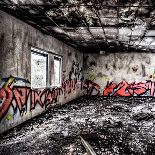 Image similar to the inside of an abandoned, burnt down pizza restaurant, dirt and ash littering the ground, graffiti on the walls, realistic hd photo