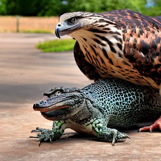 Image similar to hawk and alligator mutant animal,realistic, picture taken in zoo