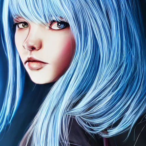 Image similar to full face shot of rimuru tempest, sky blue straight hair, long bangs, with amber eyes, wearing a black jacket, high collar, ultra detailed, concept art, award winning photography, digital painting, cinematic, wlop artstation, closeup, pixiv, evil, yoshitaka amano, andy warhol, ilya kuvshinov,