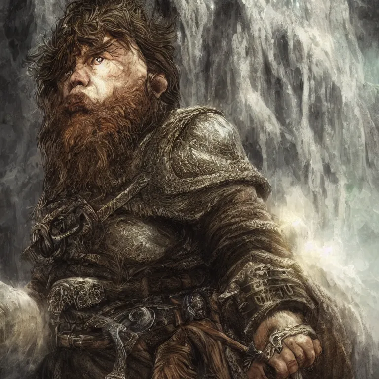 Image similar to dwarf in mountains, lord of the rings style, fantasy, poster, character portrait, portrait, close up, concept art, intricate details, highly detailed, full body, 8 k, detailed face, body