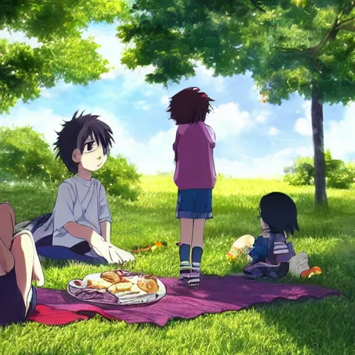 Image similar to Anime of an happy family with two boys of 10 years old and 5 years old, in Vincennes parc having a pic nic, beautiful weather, peaceful cloud, by Makoto Shinkai