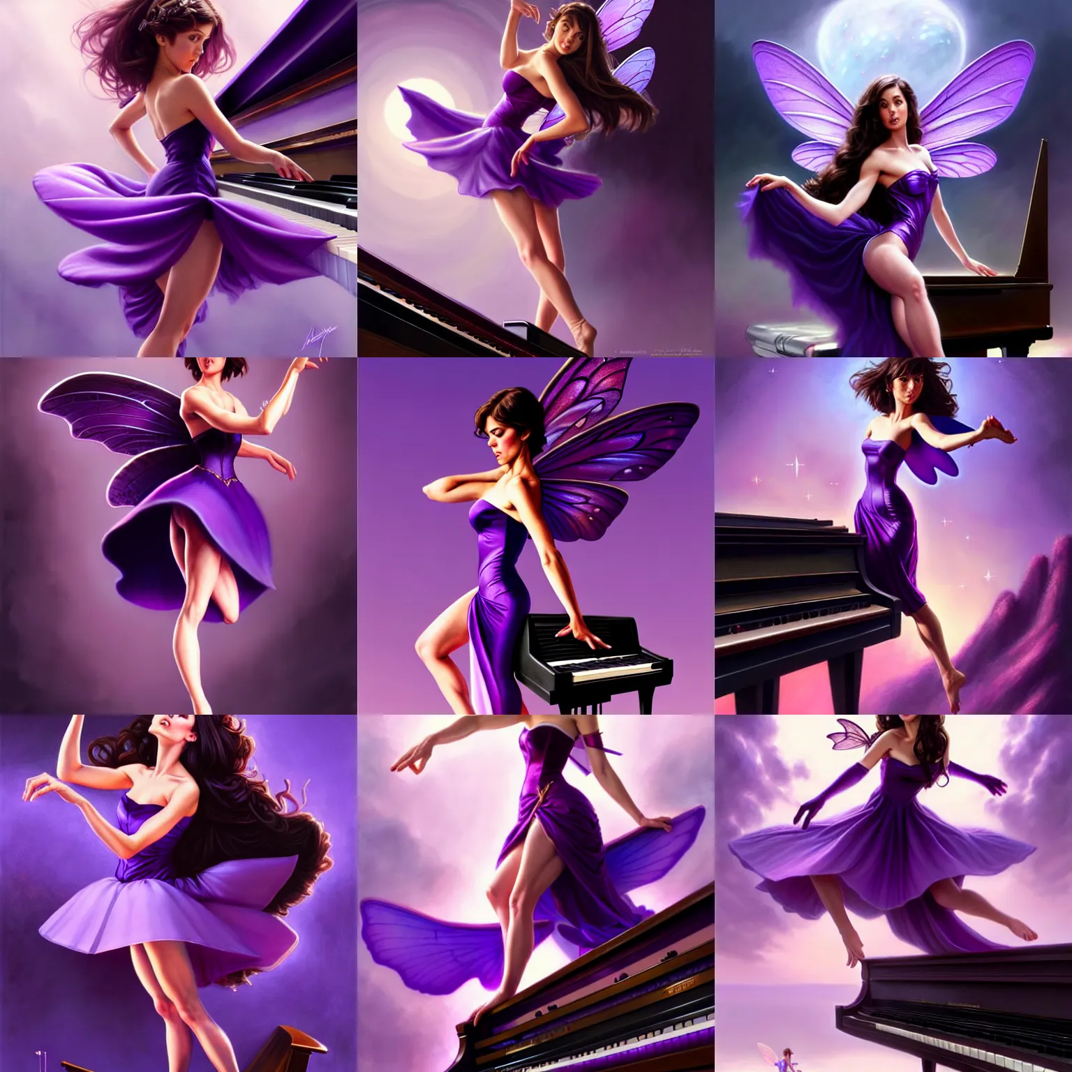 Prompt: brunette fairy woman stretching, wearing purple strapless dress, standing on top of a piano, d & d, fantasy, highly detailed, digital painting, trending on artstation, concept art, sharp focus, illustration, art by artgerm and greg rutkowski and magali villeneuve