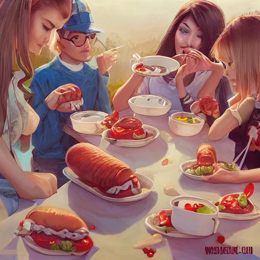 Prompt: hot dogs and yogurt is a messy eating contest, wlop, artgerm, mucha