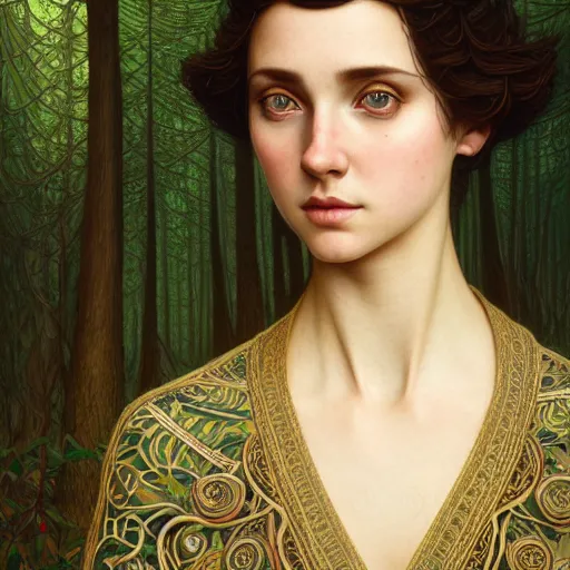 Image similar to symmetry portrait of welsh brunette student in mans tunic, tomboy, short hair, intricate forest background, intricate, elegant, highly detailed, digital painting, artstation, concept art, smooth, sharp focus, illustration, art by artgerm and greg rutkowski and fra angelico and alphons mucha