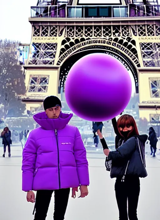 Image similar to purple alien wearing white puffer jacket, in paris, they hold a model ufo, in the style of jojo's bizarre adventure,