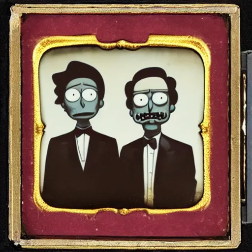 Prompt: tintype photo of rick and morty