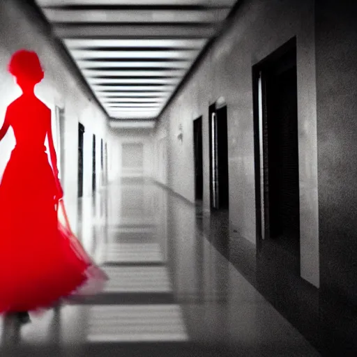 Image similar to a cinematic dramatic digital art of a woman walking through corridor. red