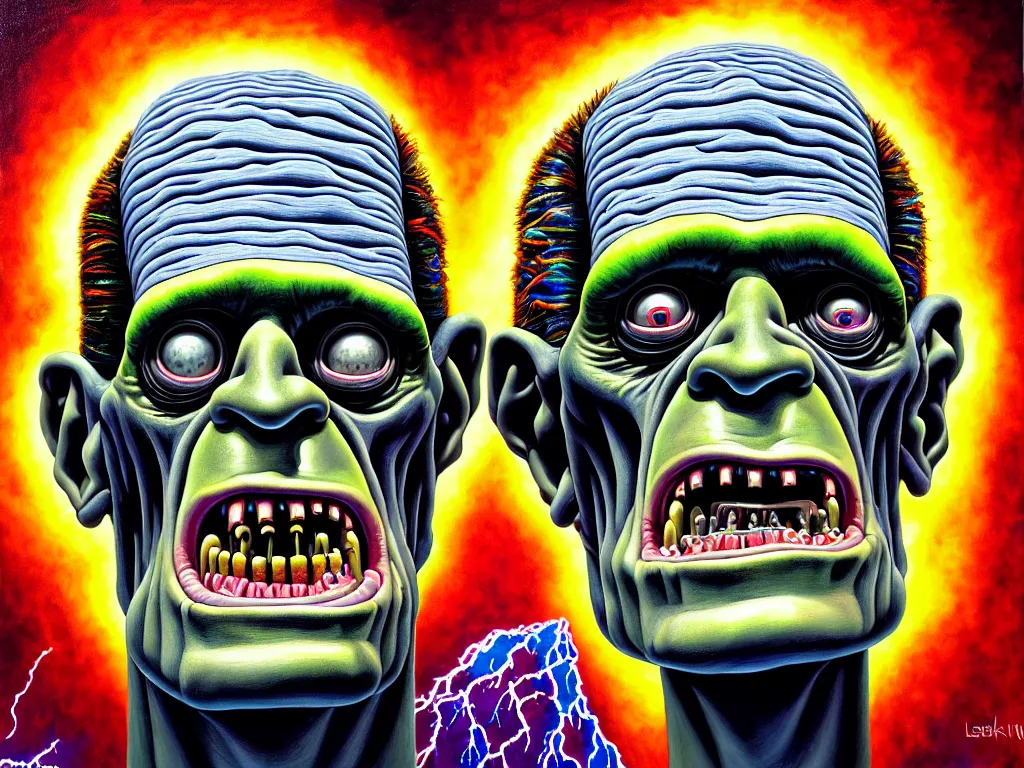 Prompt: a hyperrealistic painting of frankenstein monster head, radial symmetry, depth of field, lightning, cinematic cartoon horror by basil wolverton, lisa frank, joe coleman, kris kuksi, highly detailed, vivid color,