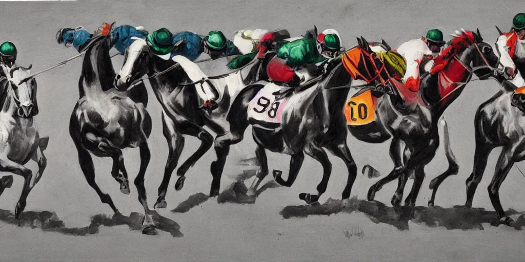 Image similar to horse race, black and white with color highlights, italian futurism style