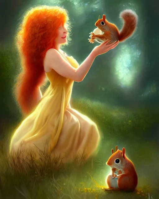 Prompt: ginger woman in sundress hugging cute squirrel, perfect face, cinematic, stunning, adorable, highly detailed, psychedelic, digital painting, artstation, smooth, hard focus, illustration, art by jessica rossier and and brian froud