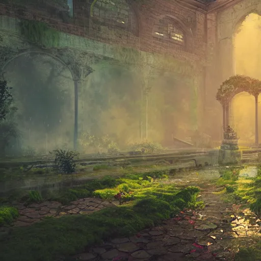 Image similar to ruins, beautiful, atmosphere, vibe, mist, rain, puddles, fern, flowers, concept art illustration, color page, tone mapping, akihiko yoshida, james jean, andrei riabovitchev, marc simonetti, digital illustration, greg rutowski, volumetric lighting, sunbeams, particles