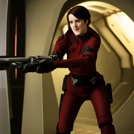 Prompt: film still of Rachel Brosnahan as Femshep from Mass Effect holding a weapon in Star Trek (2009), 4k