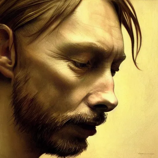 Image similar to hyper realistic, variations portrait of smooth very old thom yorke hairless, strong variations, singer songwriter, ( side ) profile, liminal space, by lee bermejo, alphonse mucha and greg rutkowski, greybeard, smooth face