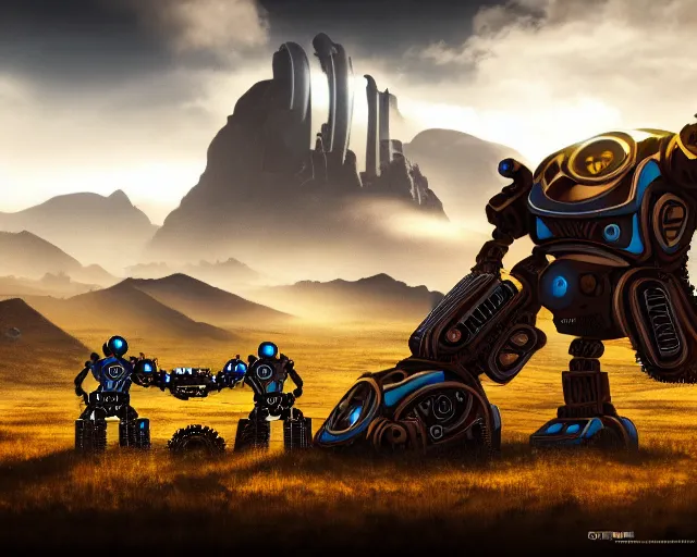 Image similar to two giand futuristic Sci-Fi robot fighting each other, landscape, steampunk, gears, close up, cloudy, mountains on background, peaceful day