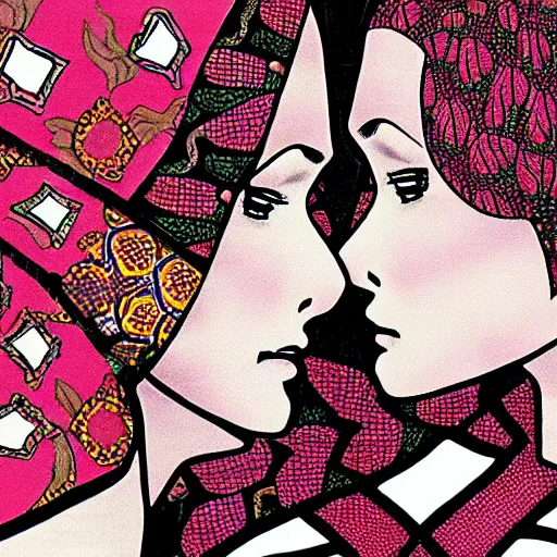 Image similar to closeup of two women made of patterns kissing each other, manga art by araki, jojo's bizarre adventure key visual