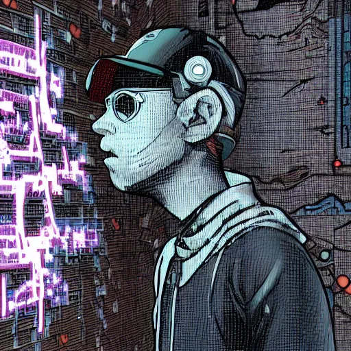 Image similar to in the style of max prentis and deathburger and laurie greasley a close up of a young explorer wearing a cyberpunk headpiece spraying graffiti on a wall, highly detailed, 8 k wallpaper