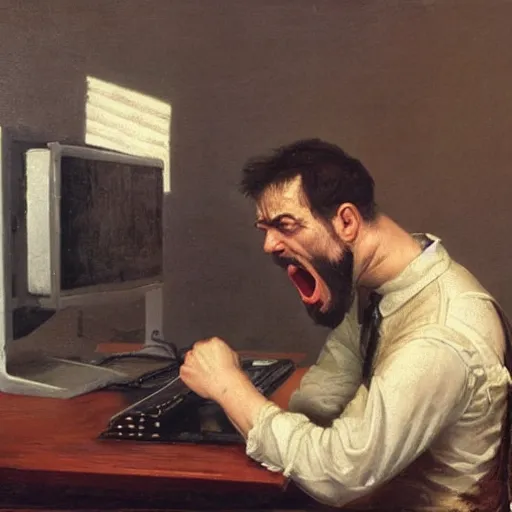 Image similar to an angry man yells at his computer monitor, oil on canvas, 1 8 8 3, highly detailed