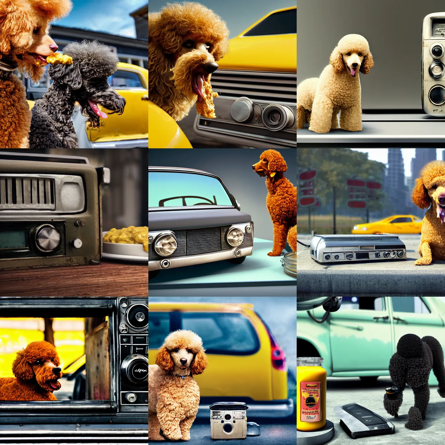 Prompt: a closeup photorealistic photograph of a poodle eating from a jar of mustard sitting on an old radio. prius is in the background. professional capture. brightly lit scene. this 4 k hd image is trending on artstation, featured on behance, well - rendered, extra crisp, features intricate detail, epic composition and the style of unreal engine.