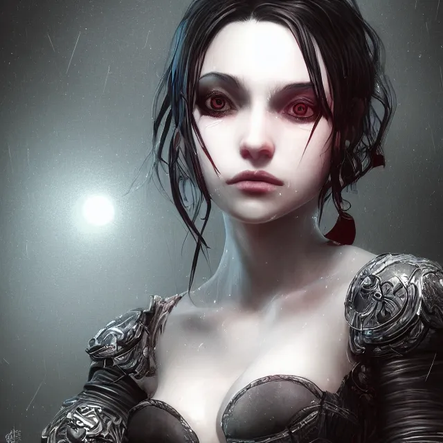 Prompt: the portrait of the neutral evil fallen female dark knight vagabond as absurdly beautiful, gorgeous, elegant, sophisticated, realistic young sensual idol, an ultrafine hyperdetailed illustration by irakli nadar, intricate linework, bright colors, octopath traveler, final fantasy, unreal engine highly rendered, global illumination, radiant light, detailed and intricate environment