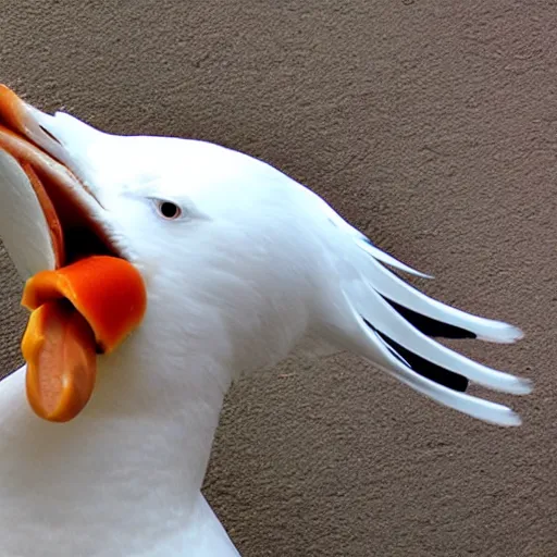 Prompt: seagull with hot dog hanging out of beak.