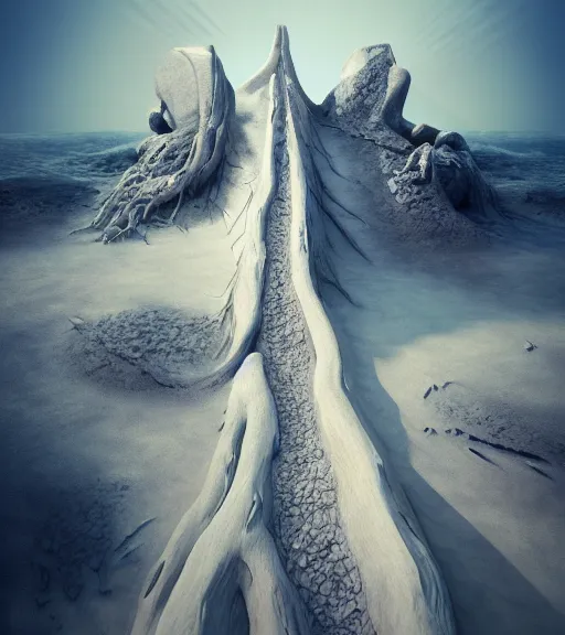 Prompt: surreal memorial of massive inverted roots, vertical veins of white sand, ancient futuristic tower, octane render, unreal engine, foggy sky, wide angle, trending on artstation