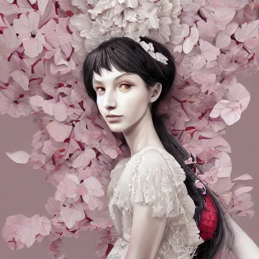 Image similar to the portrait of an absurdly beautiful, graceful, elegant, sophisticated, fashionable young woman made of strawberries and white petals looking down, an ultrafine hyperdetailed illustration by kim jung gi, irakli nadar, intricate linework, bright colors, octopath traveler, final fantasy, unreal engine 5 highly rendered, global illumination, radiant light, detailed and intricate environment