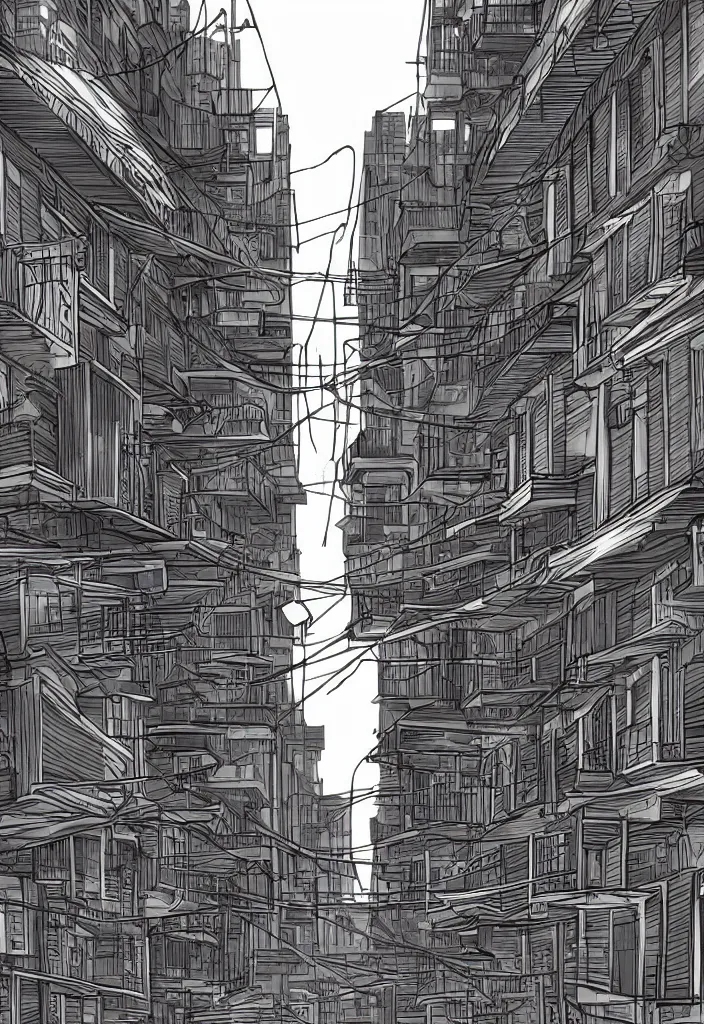 Image similar to DMT city, back alley full of balconies and fire escapes and air conditioners and power lines, anime style cell shader concept art