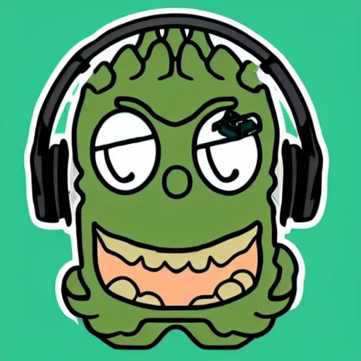 Image similar to a pickle-rick, svg sticker, vector art, wearing headphones, jamming to music