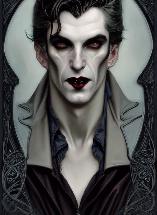 Image similar to an art nouveau, male vampire portrait in the style of charlie bowater, and in the style of donato giancola, and in the style of charles dulac. very large, clear, expressive, intelligent eyes. symmetrical, centered, ultrasharp focus, dramatic lighting, photorealistic digital painting, intricate ultra detailed background.
