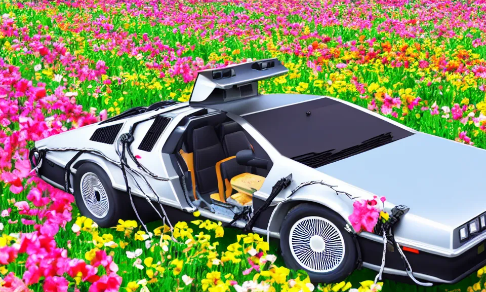 Image similar to a delorean standing in a flower field, anime style