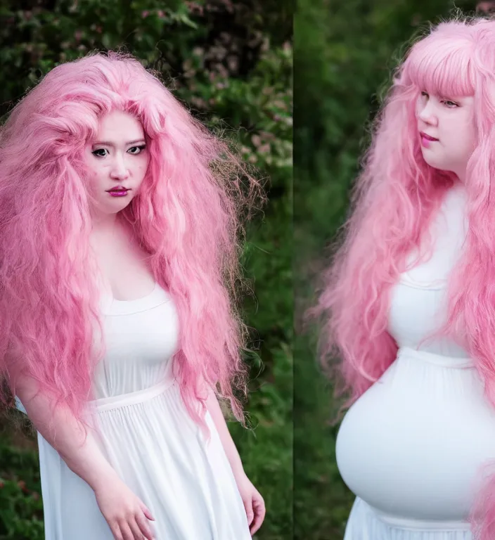 Prompt: a photograph of rose quartz from steven universe, portrait photography, 8 5 mm, iso 4 0 0, focus mode, detailed portrait, gigantic pink ringlets, huge pink hair, chubby, white dress, gorgeous, kind features, beautiful woman, flattering photo, daylight