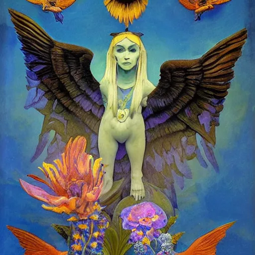 Prompt: the raven gods, by Annie Swynnerton and Nicholas Roerich and Diego Rivera, bioluminescent skin, tattoos, wings made out of flowers, elaborate costume, geometric ornament, symbolist, cool colors like blue and green and violet, smooth, sharp focus, extremely detailed