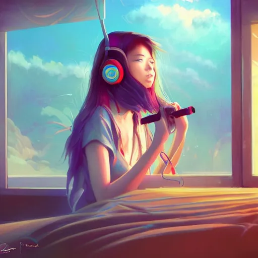Prompt: lo-fi colorful masterpiece by Ross Tran, WLOP, Dan Mumford, Christophe Vacher, painting, asian girl, with headphones, studyng in bedroom, window with Tokyo view, lo-fi illustration style, by WLOP, by loish, by apofis, alive colors