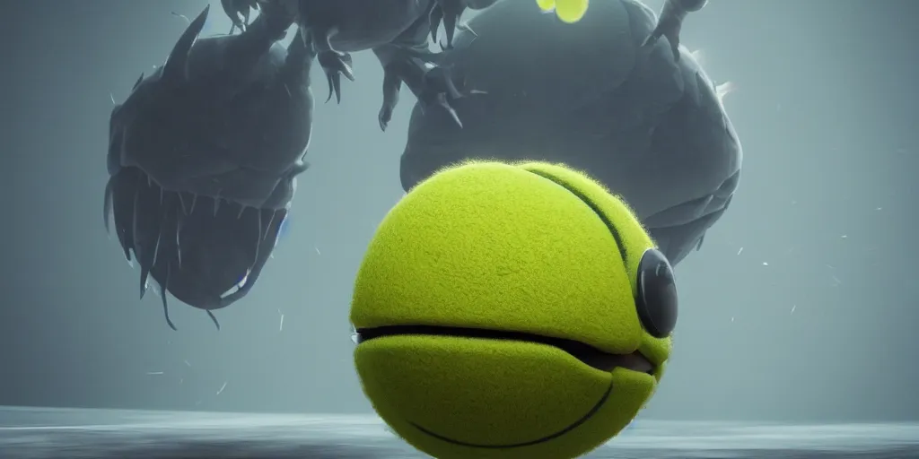 Image similar to a cinematic poster photo of 8 k ultra realistic monster that is a tennis ball monster, exotic, cinematic lighting, trending on artstation, 4 k, hyperrealistic, focused, high details, unreal engine 5, cinematic,, 3 d render by beeple