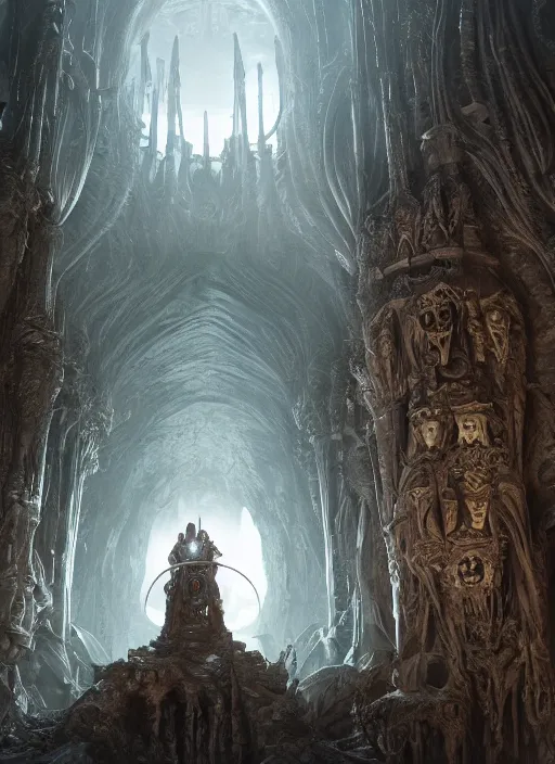 Prompt: a medieval adventurer inside an enormous alien cathedral made of skulls, lord of the rings landscape, huge statues, portal to another dimension, cinematic lighting, highly detailed, sharp focus, perfect composition, 4 k, artgerm, derek zabrocki, greg rutkowski, octane render