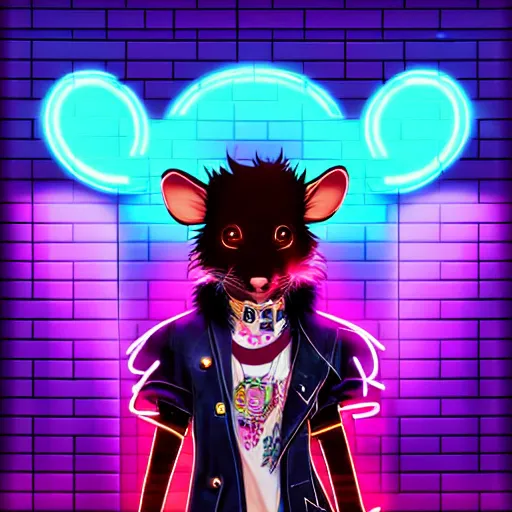 Prompt: beautiful furry digital art portrait commission of an androgynous furry anthro rat fursona wearing punk clothes in the streets of a cyberpunk city. neon signs. character design by charlie bowater, ross tran, artgerm, and makoto shinkai