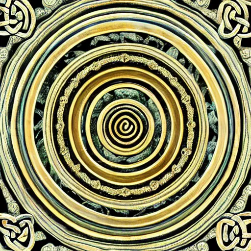 Image similar to ornate twisting three dimensional multilayered celtic pattern vortex inside a hexagonal shape, intricate detail, complex, jade, gold, silver, obsidian